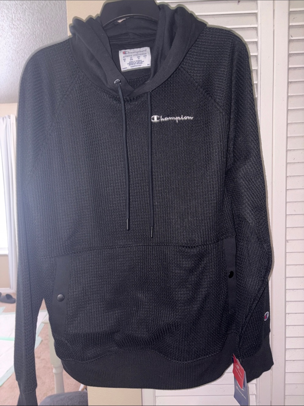 Champion Black Crewneck Hoodie with Waffle Knit